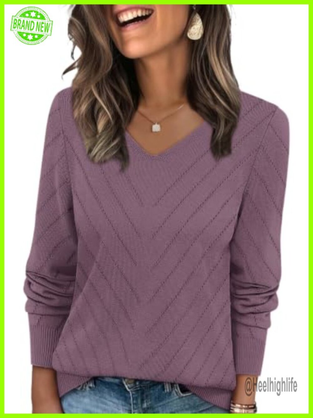 V Neck Crochet Knit Sweater Long Sleeve Pullover